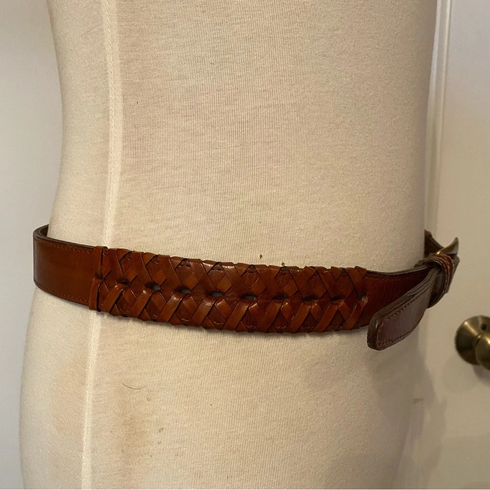 TORINO BELT BROWN LEATHER WOVEN & SMOOTH USA GOLD TONE ITALY BUCKLE SIZE 38